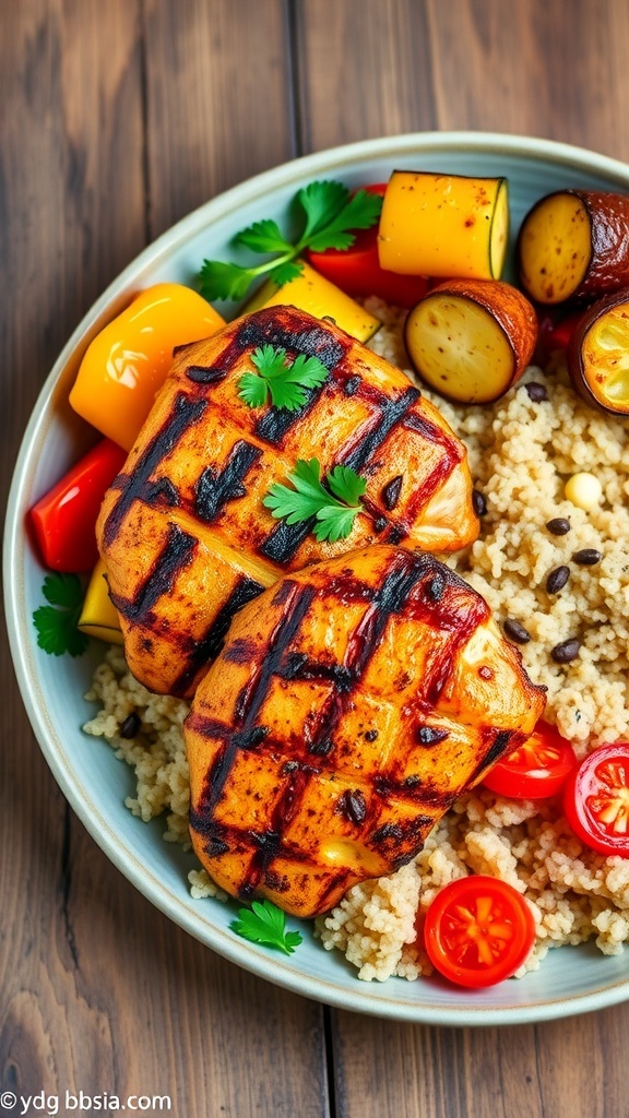 Air-fried chicken with roasted vegetables and quinoa on a rustic table.